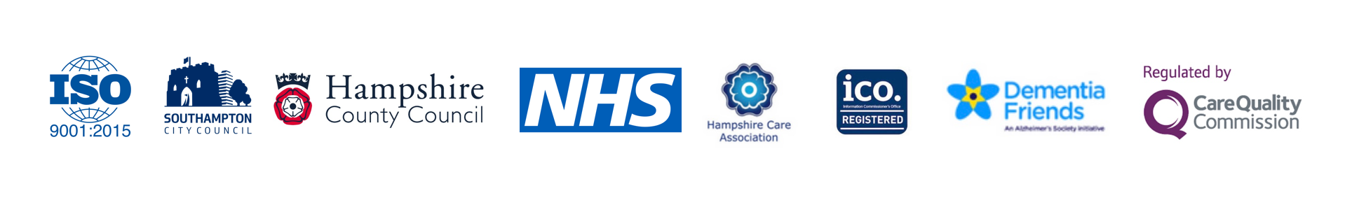 Josben Care affiliations: ISO 9001:2015, Southampton City Council, Hampshire County Council, NHS, Hampshire Care Association, ICO registered, Dementia Friends, and Care Quality Commission